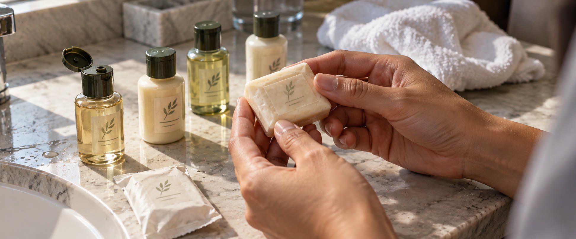 Close-up photograph of hands examining an unwrapped hotel soap bar over a bathroom counter with amenity bottles and a folded towel nearby