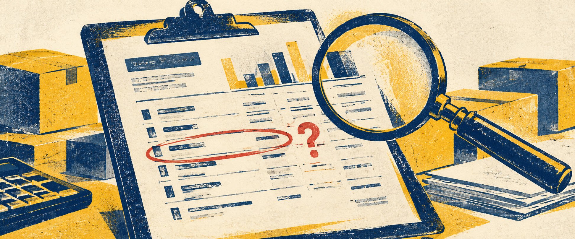 Two-color risograph-style illustration of a clipboard with a supplier quote sheet, one line item circled in red, a question mark, and a magnifying glass leaning over it