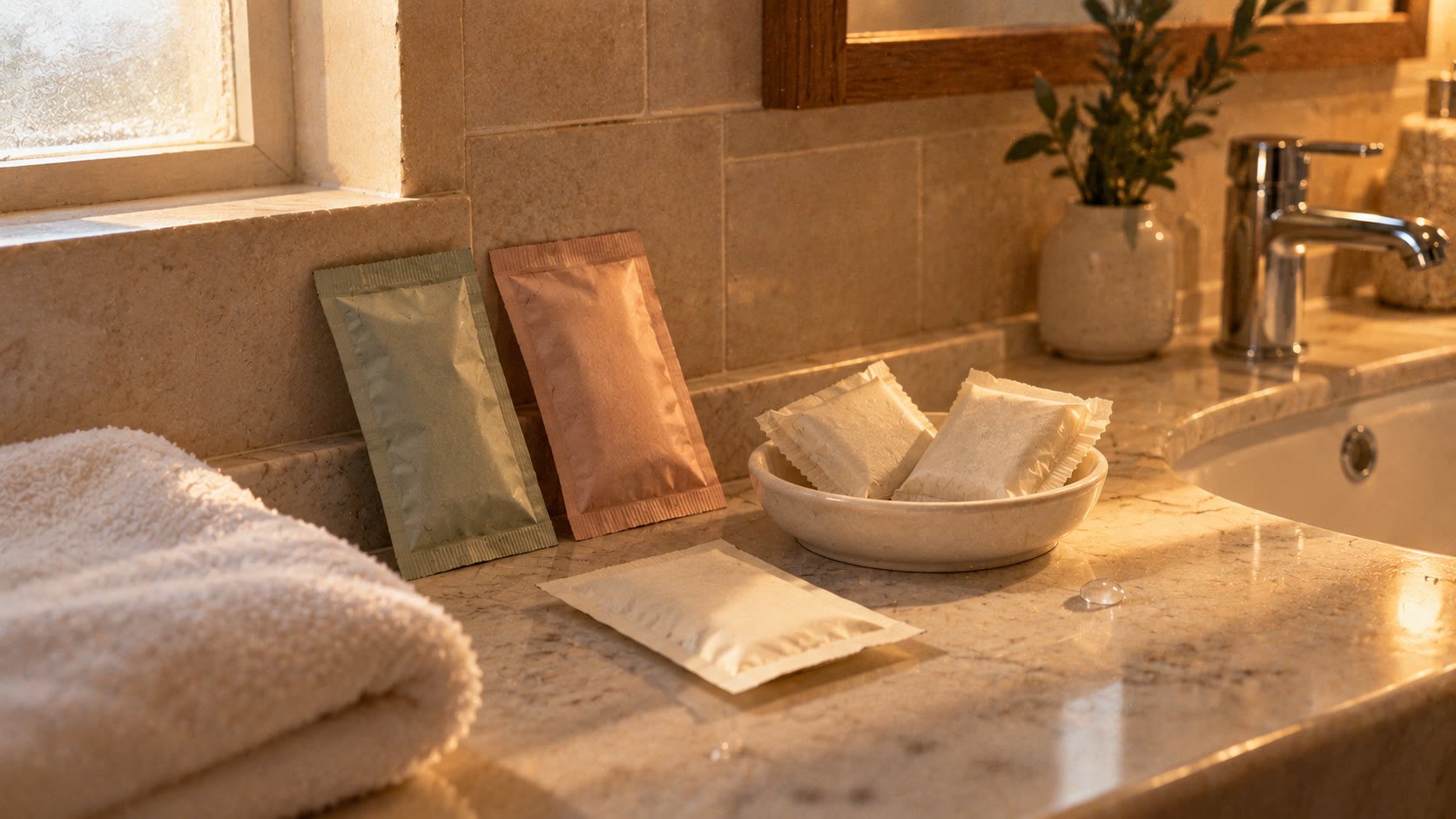 Hotel or vacation rental bathroom counter naturally stocked with individually wrapped guest amenity products — morning light lifestyle photograph