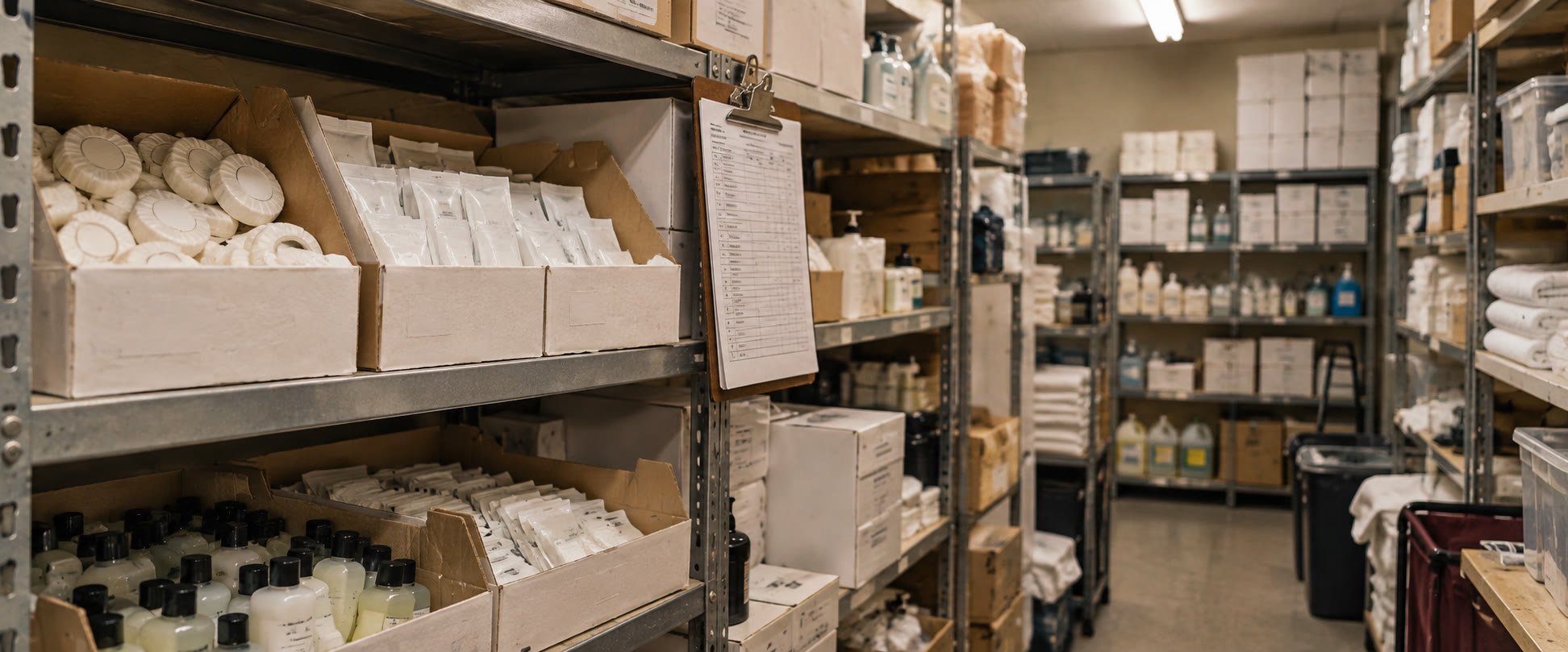Documentary photograph of a real hotel housekeeping supply room with shelving stocked with cardboard boxes of individually wrapped soap and shampoo packets, and an inventory clipboard hanging on a shelf