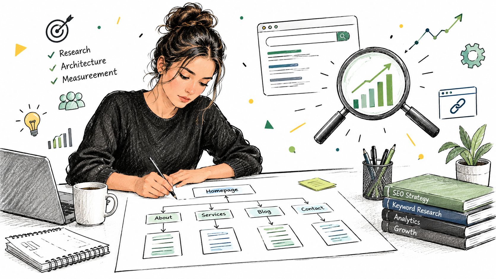 A digital marketer sketching a website architecture and SEO strategy at a professional workspace with icons.