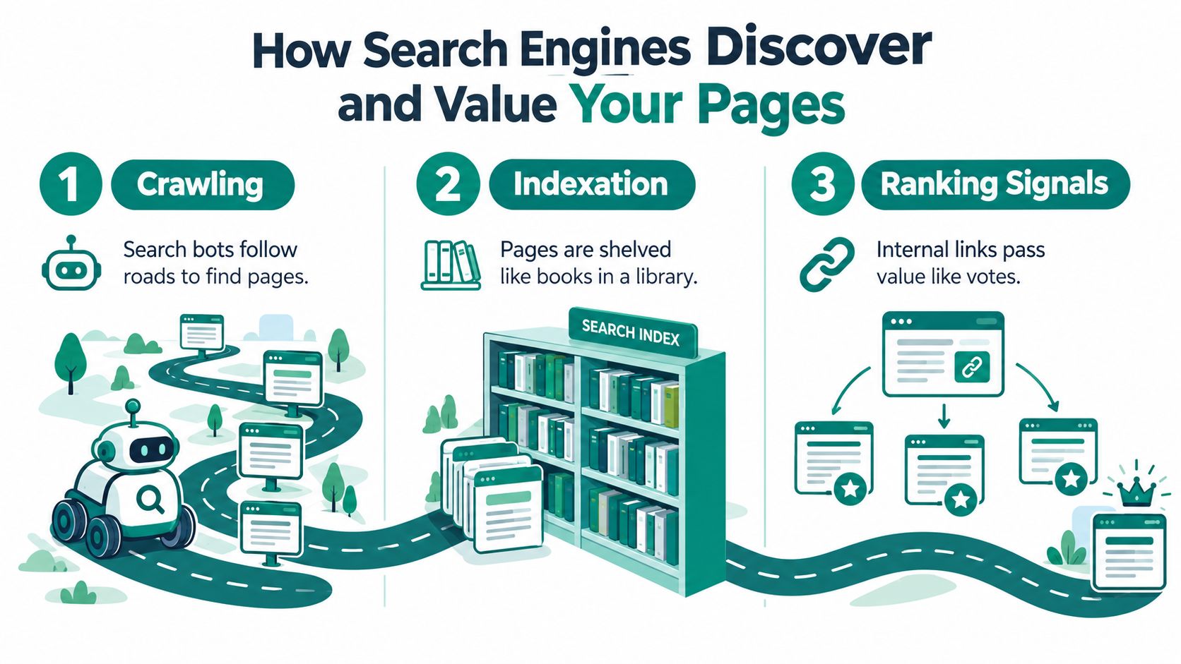 An infographic illustrating how search engines discover and index web pages using crawling, indexing, and ranking signals.