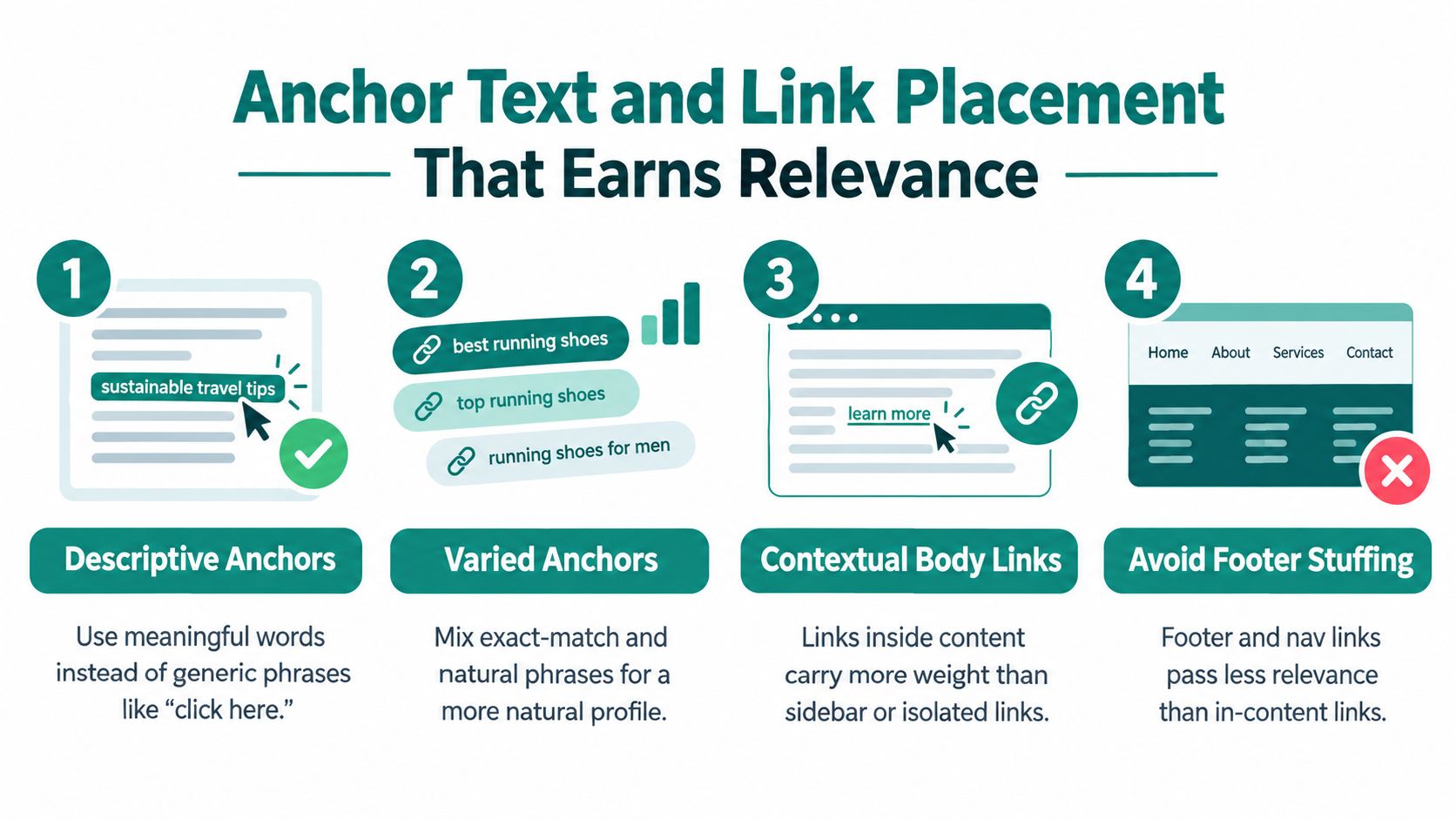 An infographic showing four essential tips for effective anchor text and strategic link placement for SEO.