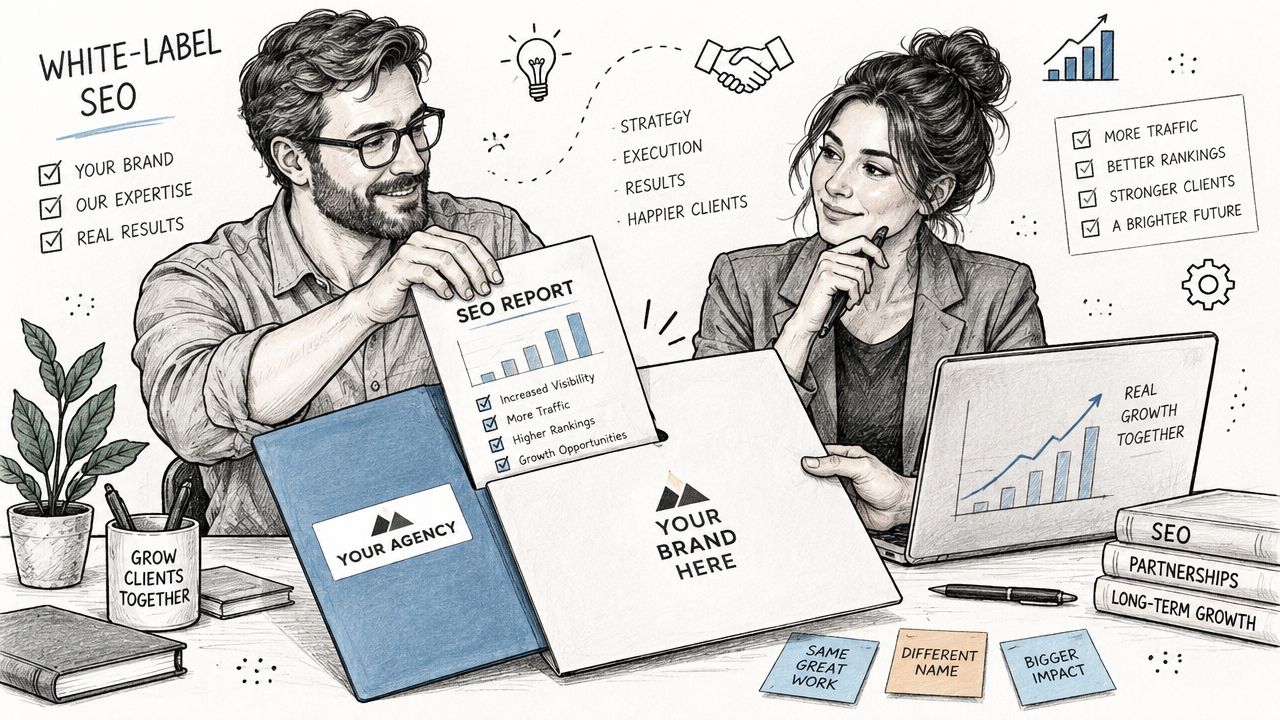 A professional man and woman collaborating on white-label SEO marketing reports in a modern office setting.
