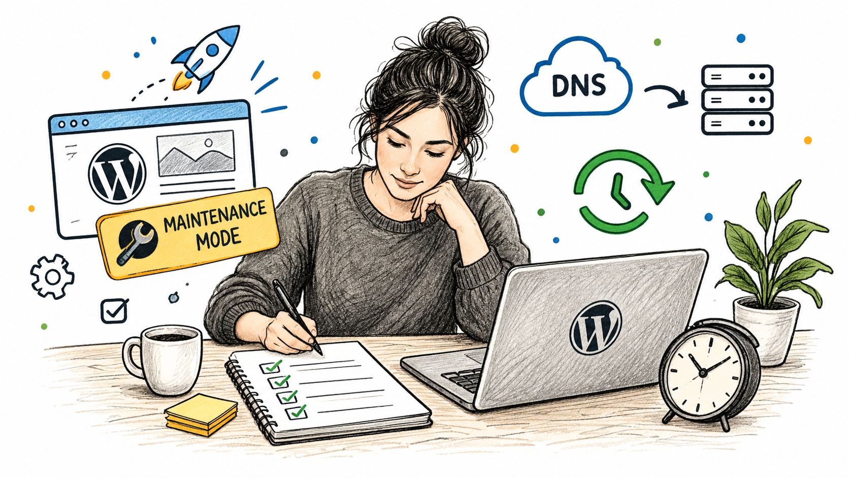 A woman working on a laptop with WordPress icons, maintenance mode, and a website migration checklist.