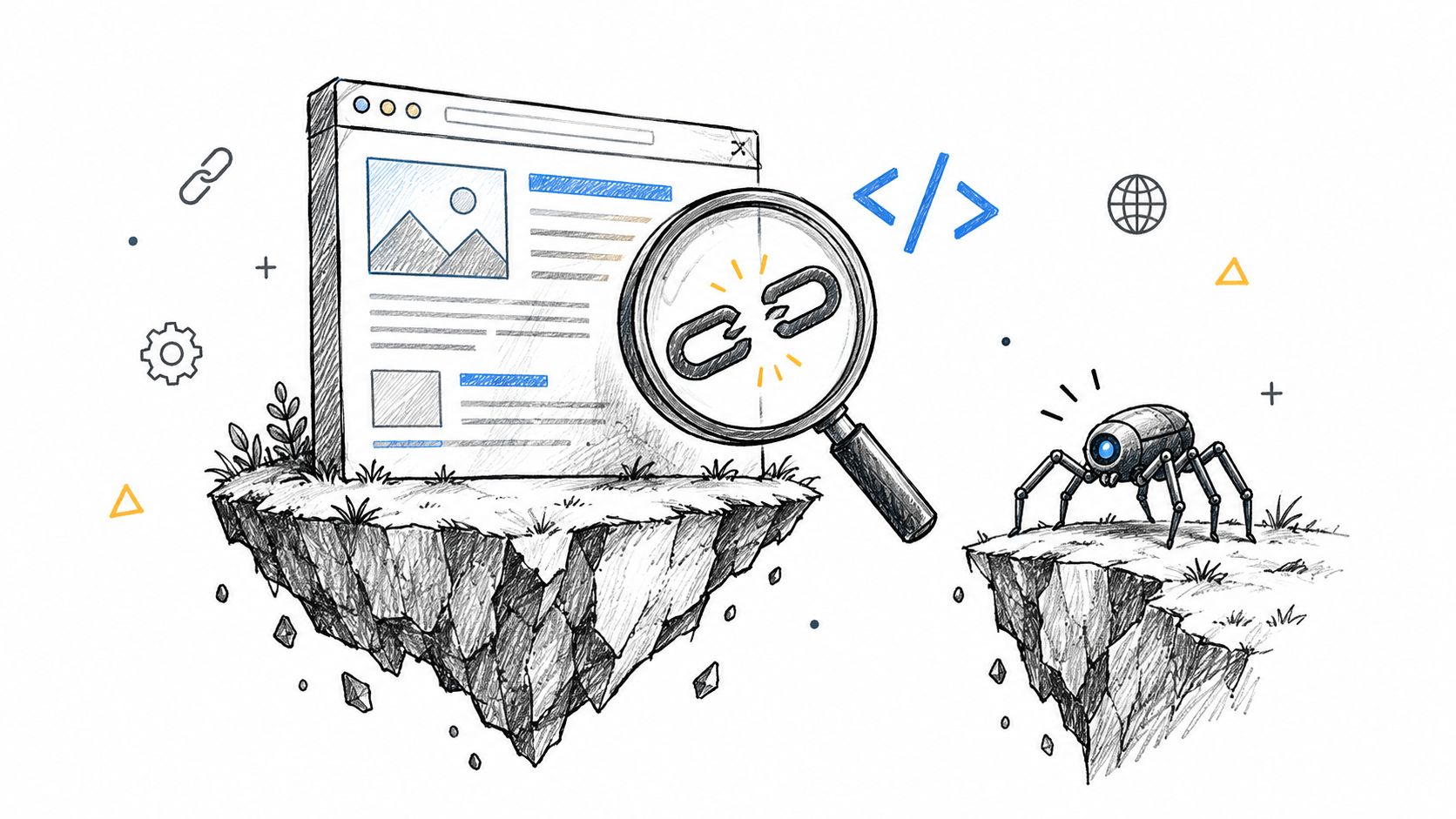 A pencil sketch illustration showing a web page with a magnifying glass examining internal linking with a spider bot.