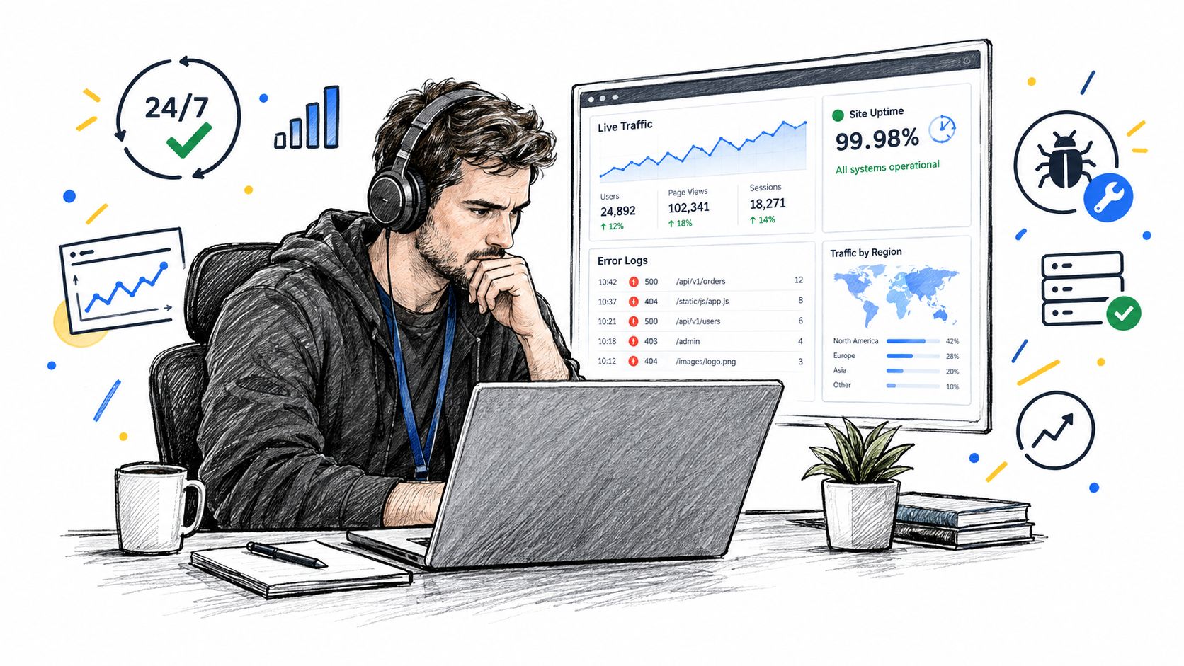 A professional developer sitting at a desk monitoring server performance and website traffic on a large screen.