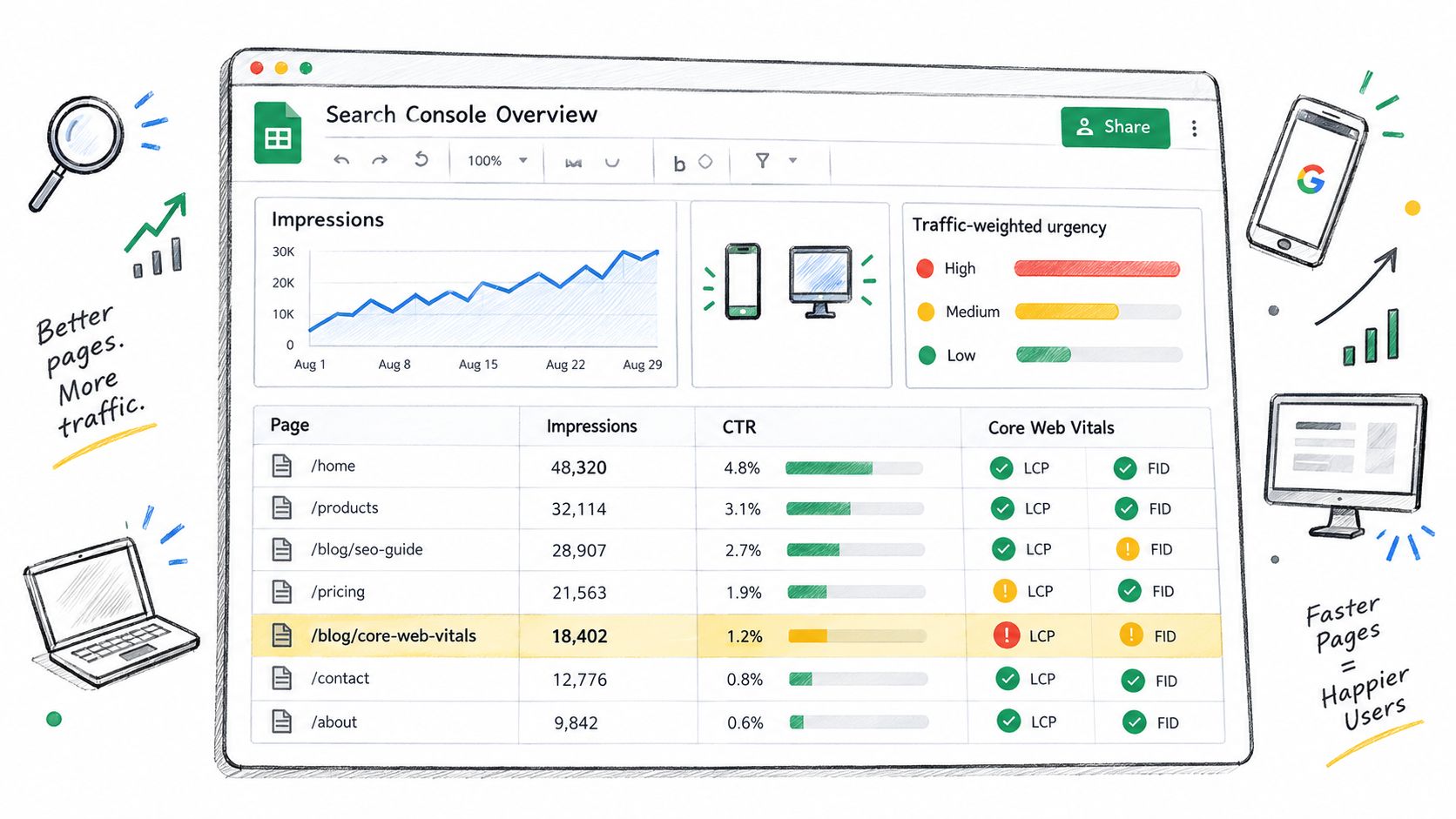 A hand-drawn style Google Search Console overview dashboard showing performance charts, traffic urgency, and Core Web Vitals.