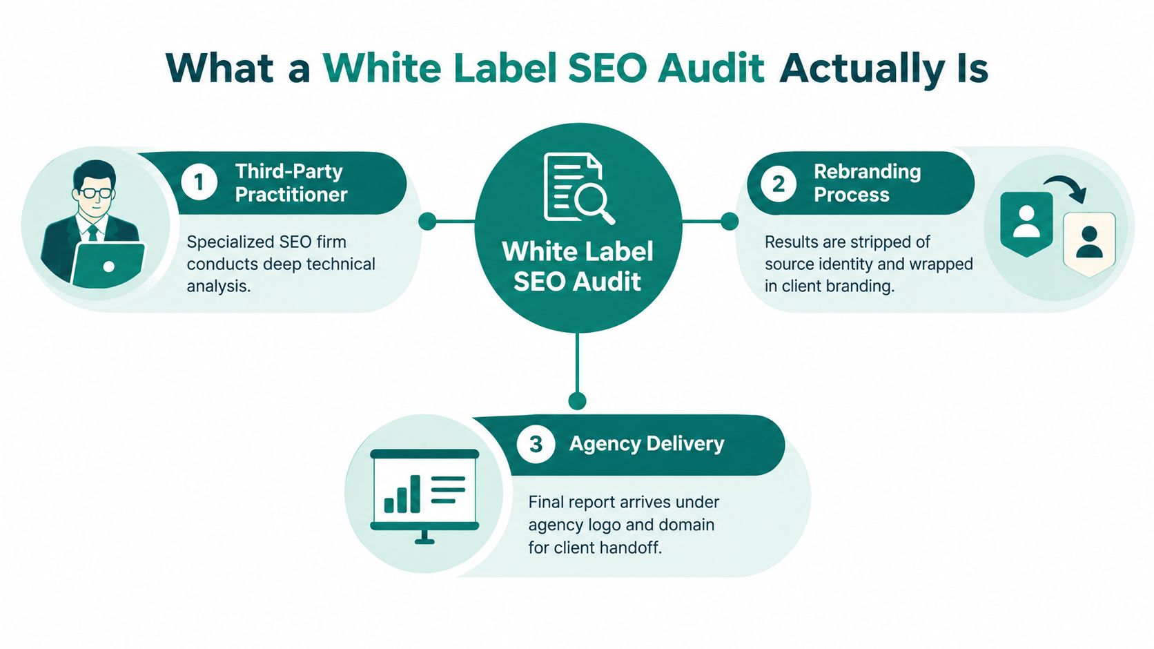 A diagram explaining the white label SEO audit process through three distinct steps: practitioner, rebranding, and agency delivery.
