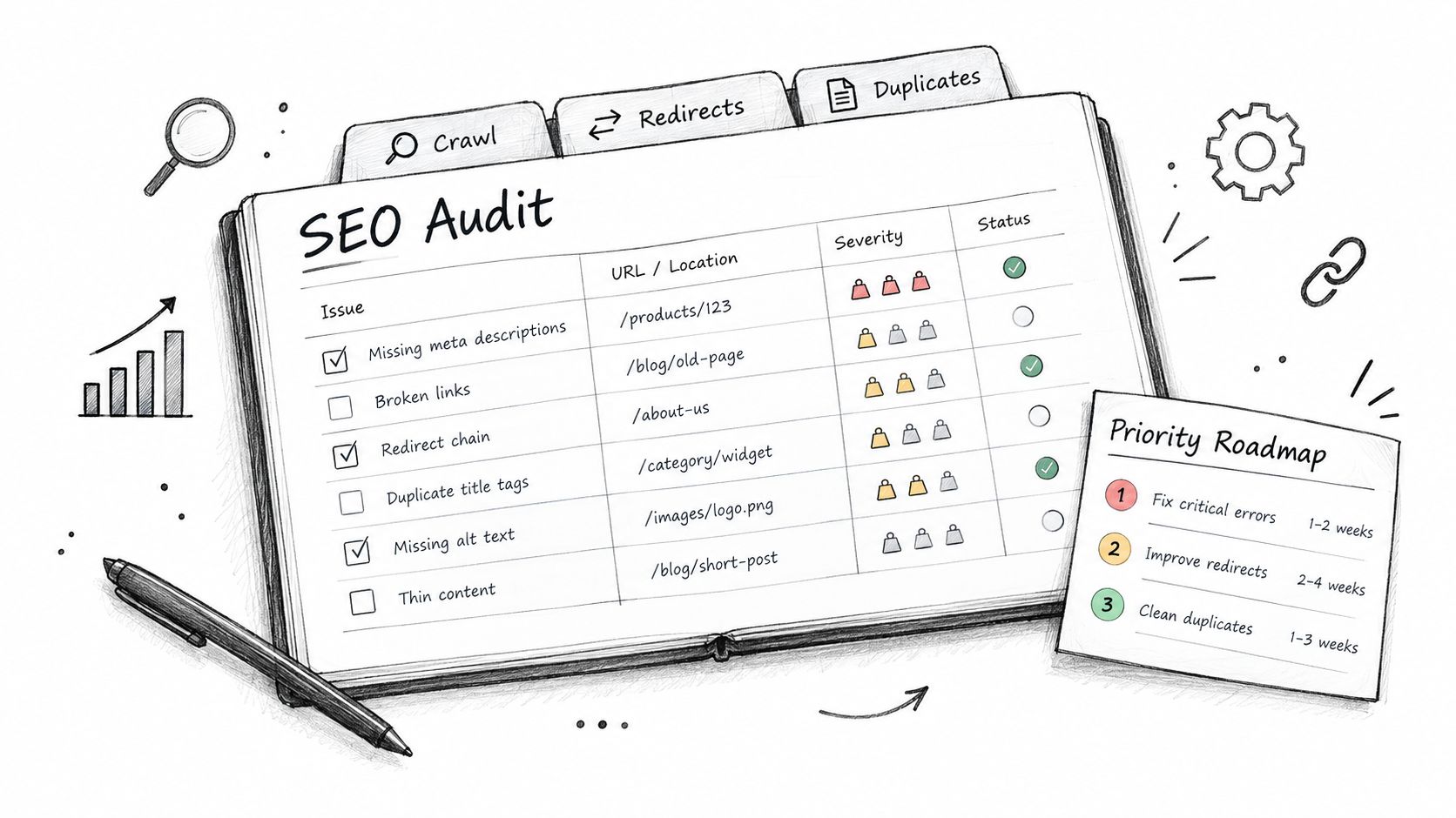 A hand-drawn SEO audit report showing a list of website issues, severity levels, and a priority roadmap.