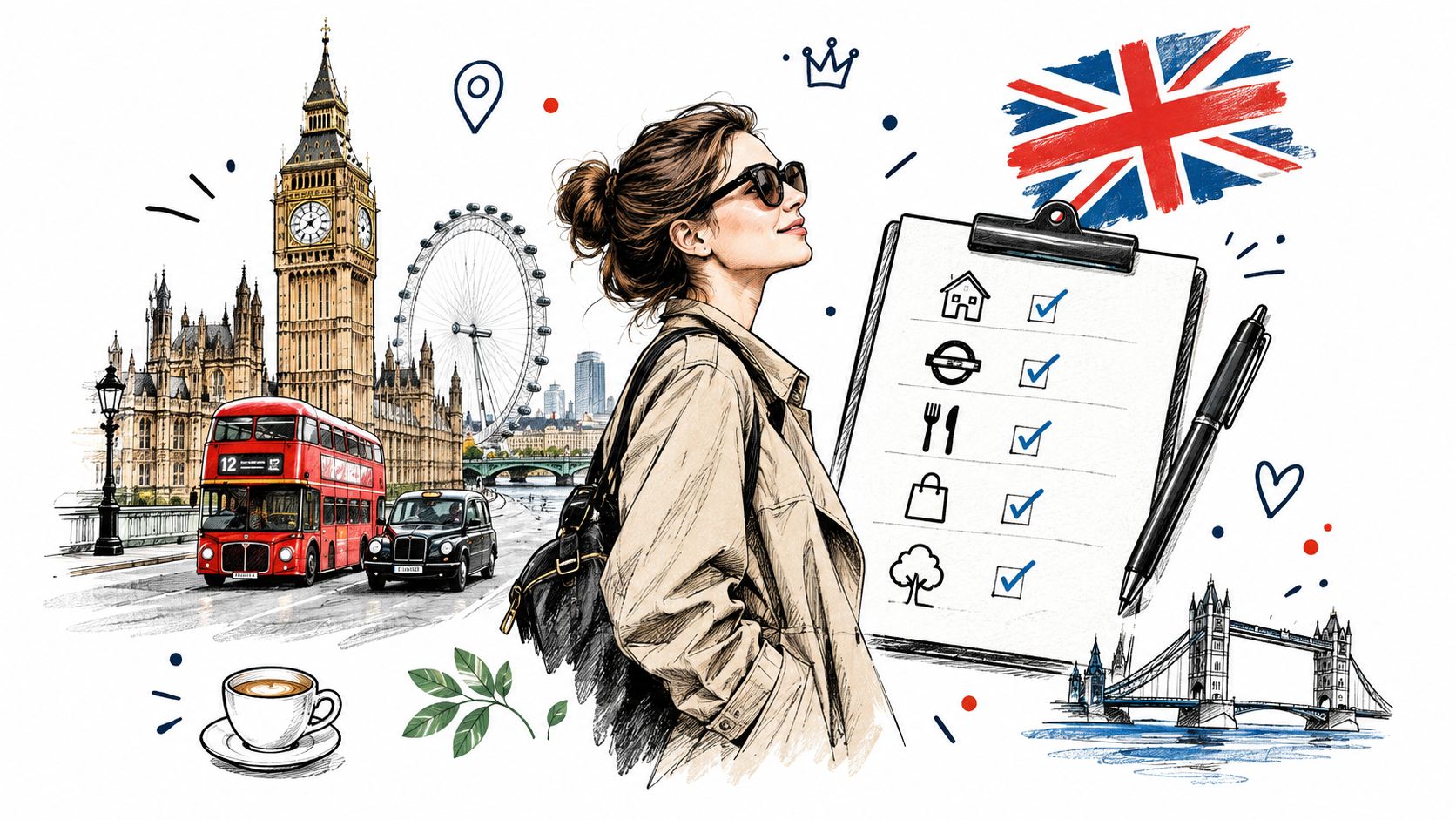 A stylish woman in London surrounded by iconic landmarks like Big Ben, the London Eye, and Tower Bridge.