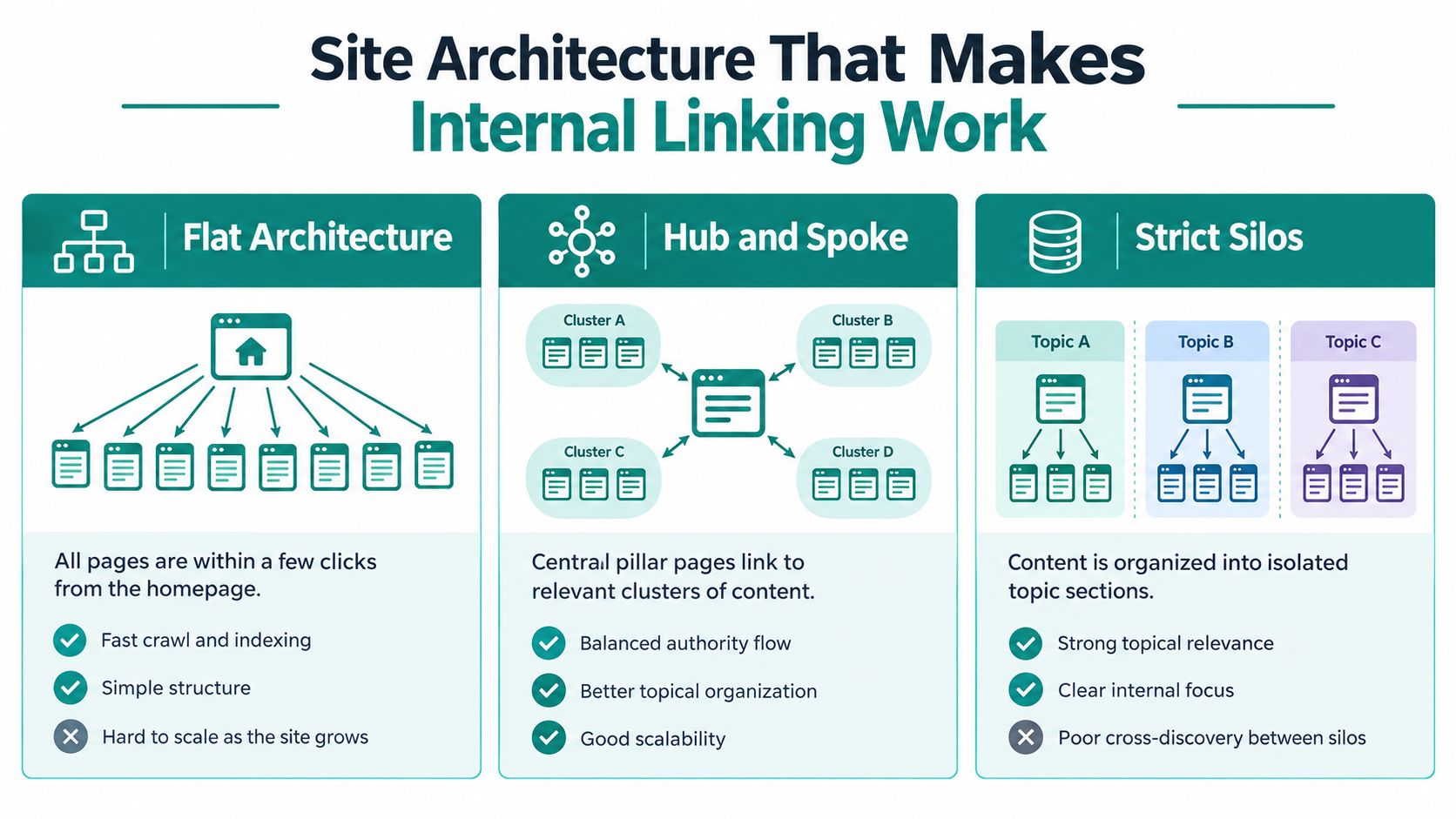 A diagram comparing three website architectures: flat, hub and spoke, and strict silos for internal linking.