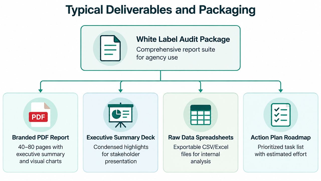 A diagram illustrating the typical deliverables and packaging included in a professional white label audit report service.