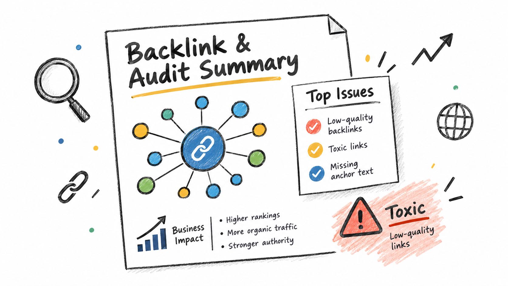 A hand-drawn summary document illustrating backlink audit processes, including top issues, business impacts, and toxic link warnings.