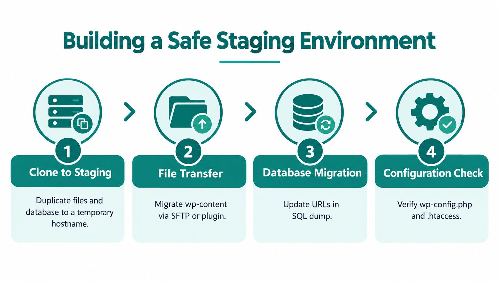 An infographic illustrating the four essential steps for creating a safe WordPress website staging environment.