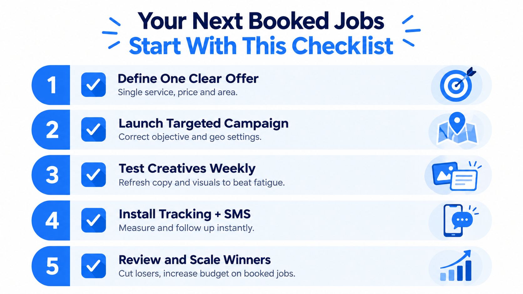 A five-step marketing checklist for service providers to generate booked jobs using paid digital advertising campaigns.