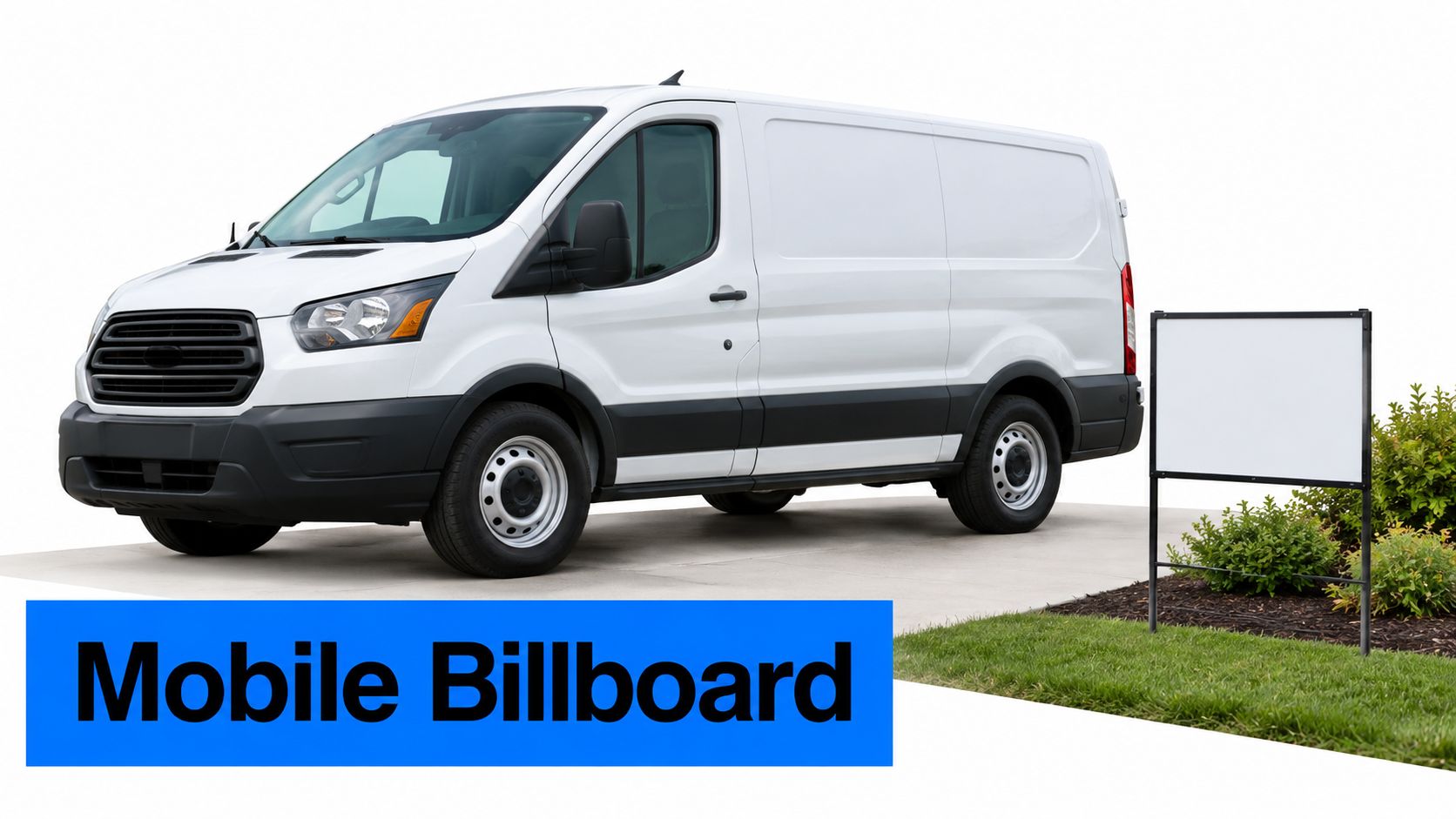 A white cargo van parked next to a blank outdoor advertising sign on a suburban lawn.