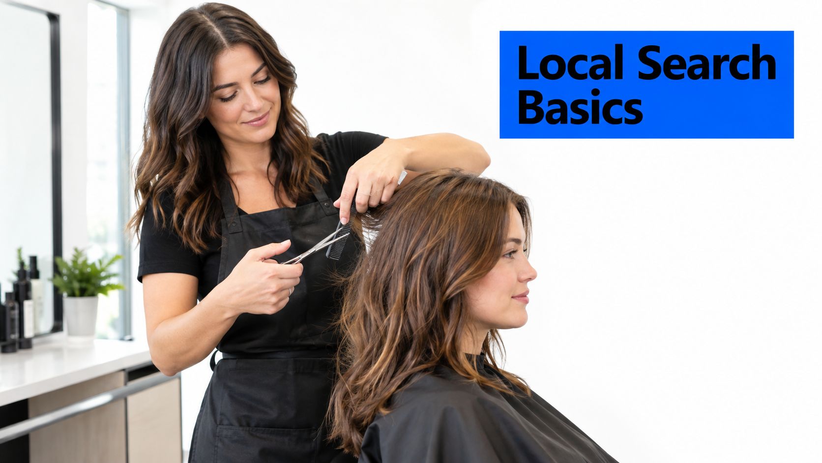 A professional hairstylist cutting a client's hair in a brightly lit modern salon environment.