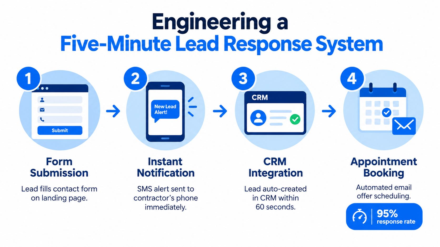 A four-step infographic illustrating an automated lead response system for contractors to improve appointment booking success.