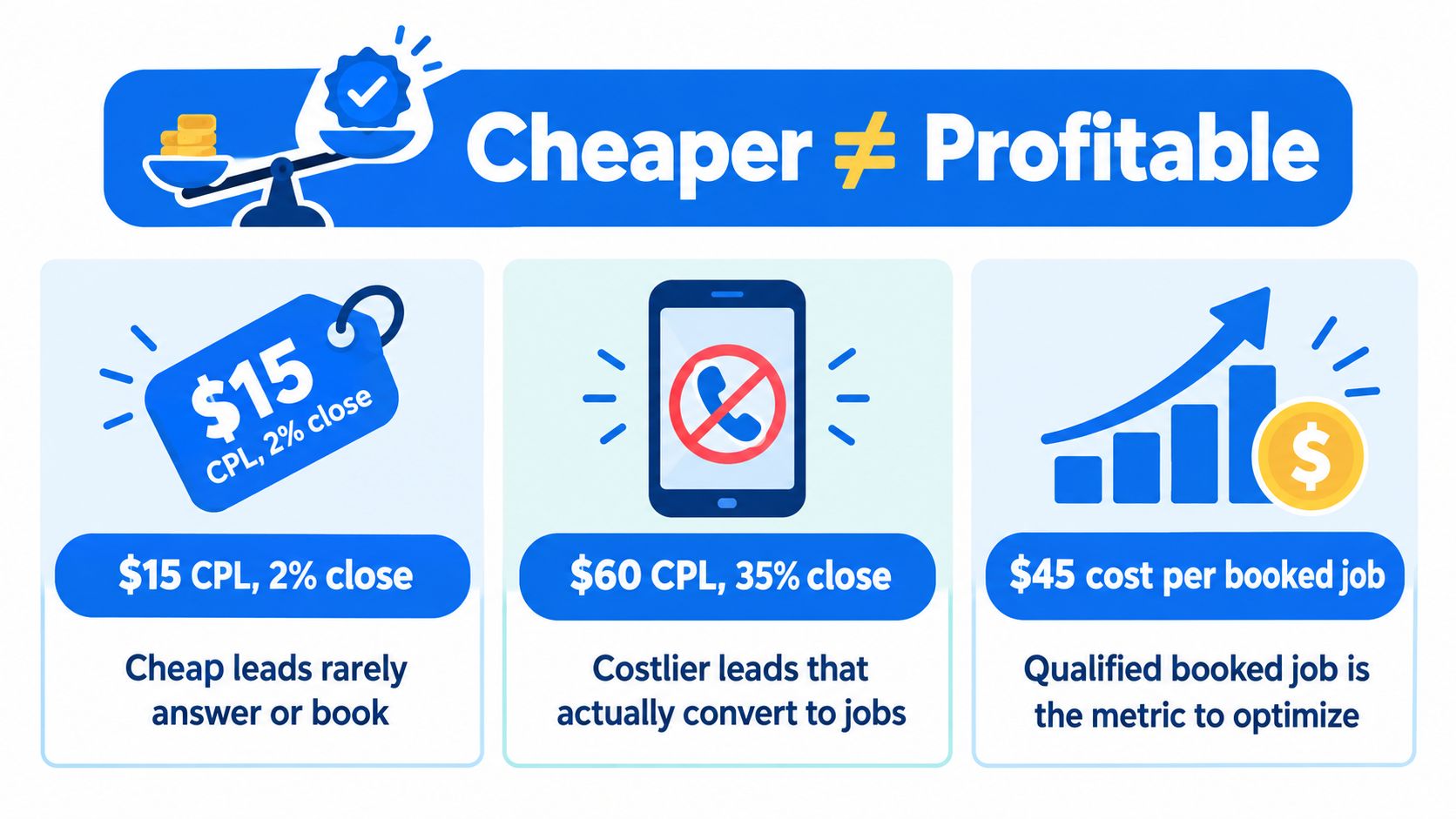 An infographic showing that cheaper leads do not equal profitability, comparing lead costs and conversion rates.