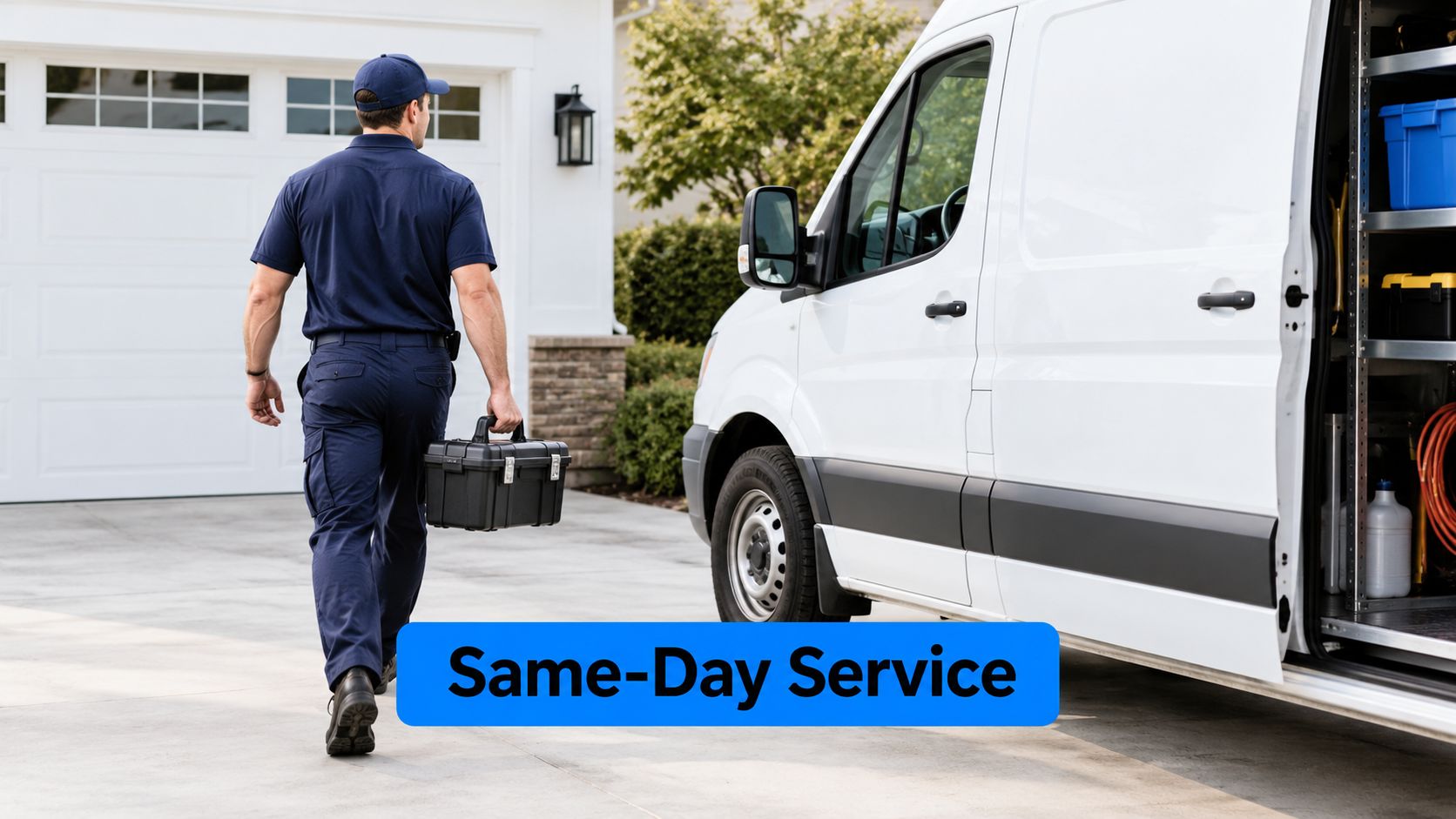 A professional service technician walking toward a house with a toolbox for same-day home repairs.