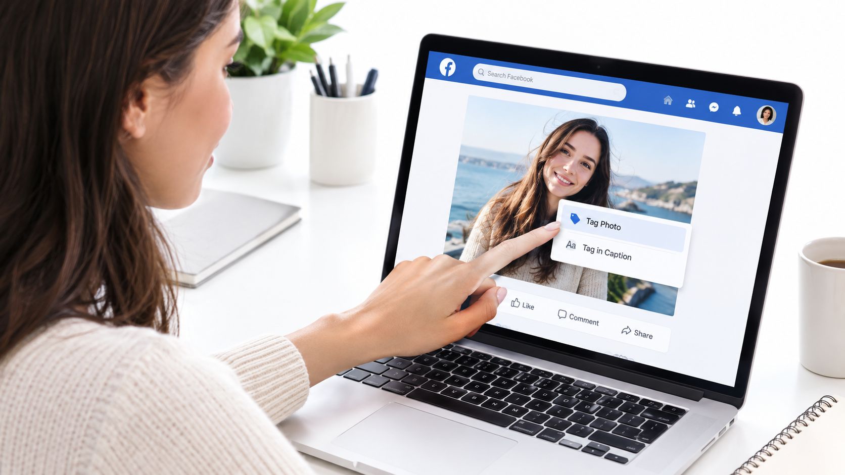A young woman uses her finger to touch a laptop screen displaying the Facebook tag photo option.