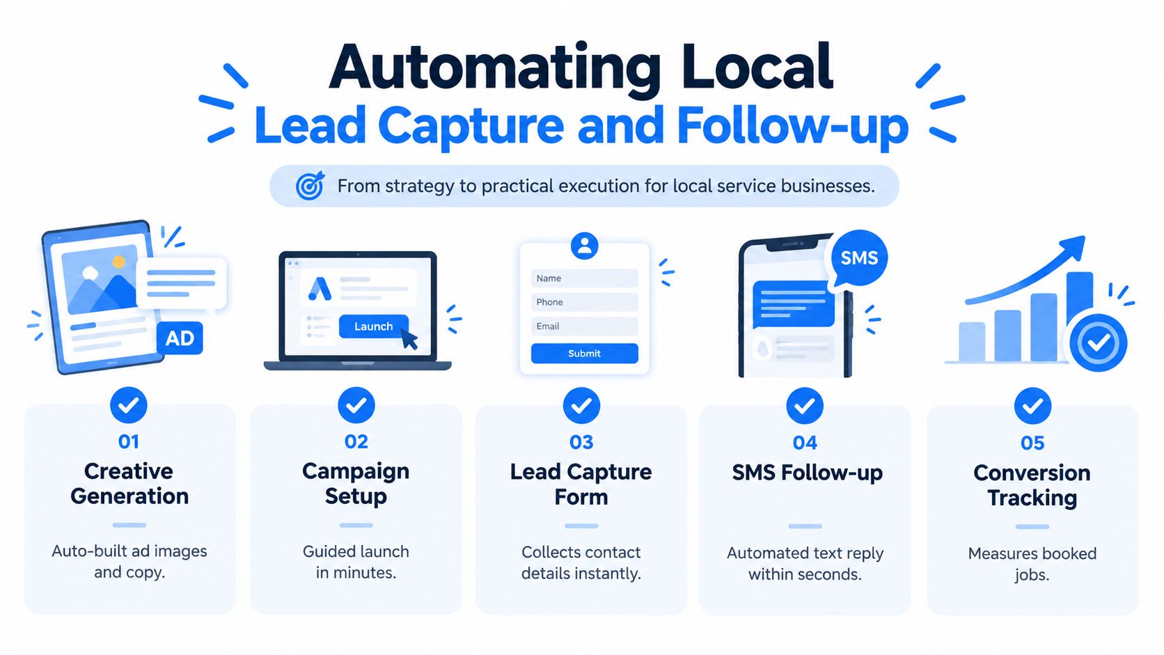 A five-step infographic showing the automated process of local lead capture and follow-up for service businesses.