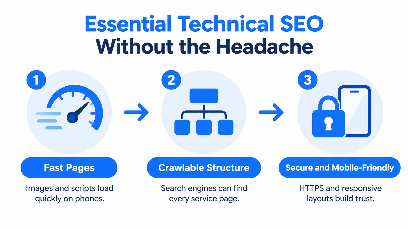 An infographic illustrating three essential steps for technical SEO including page speed, site structure, and mobile friendliness.