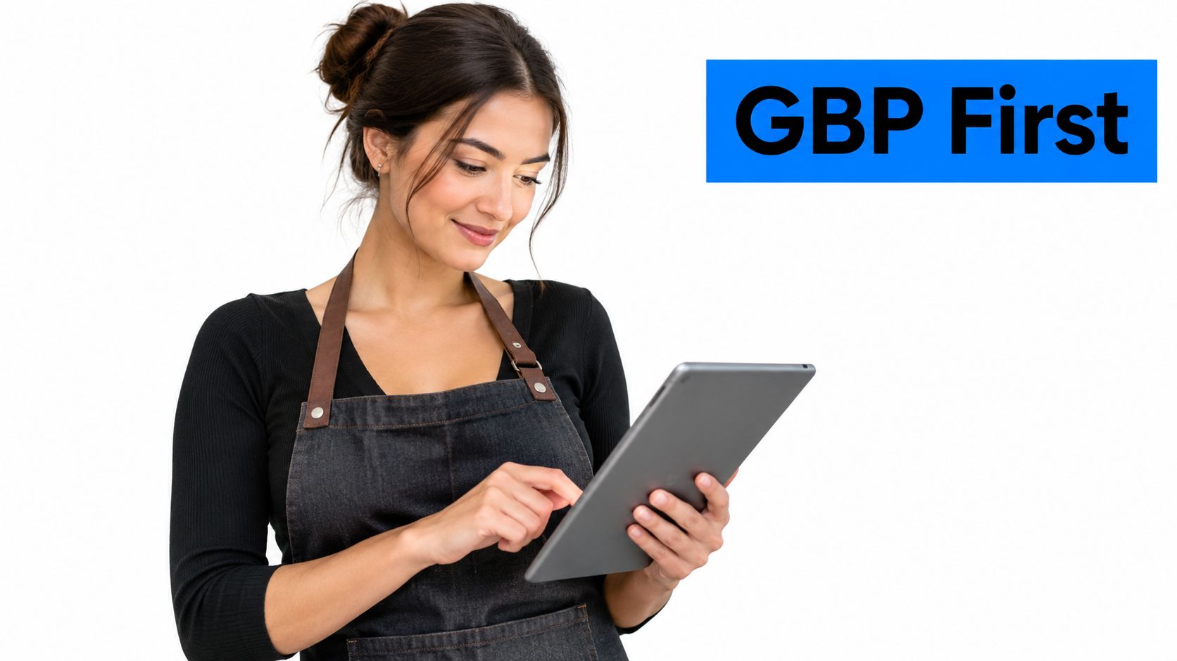 A female business owner in a black apron using a digital tablet for management, white background.