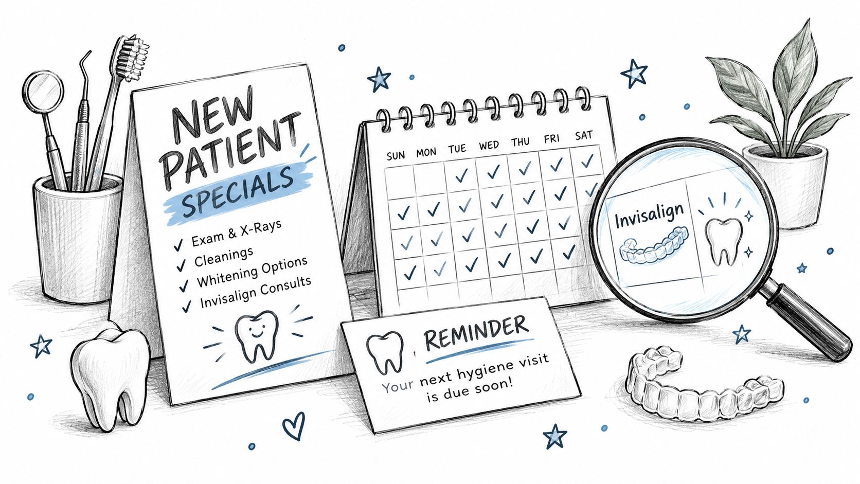 A pencil sketch of a dentist desk featuring appointment reminders, promotional offers, and dental equipment.
