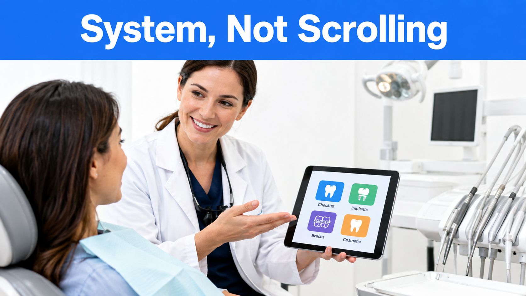 A female dentist smiling and showing a digital tablet with dental services to a patient.