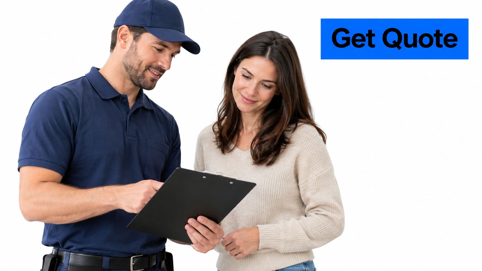 A delivery man in a blue uniform shows a clipboard to a smiling woman for a signature