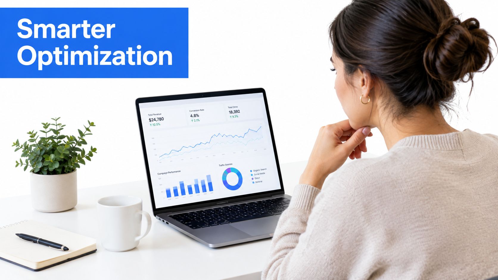 A woman looks at data analytics charts on her laptop screen while sitting at a clean desk.