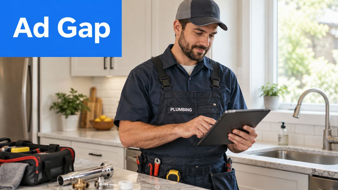A professional plumber wearing work clothes and a hat uses a tablet while standing in a kitchen.