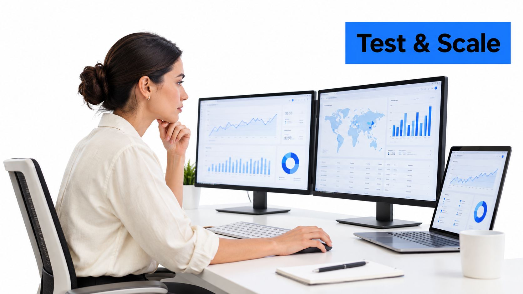 A professional woman analyzing data dashboards and charts on multiple monitors at her modern desk workspace.