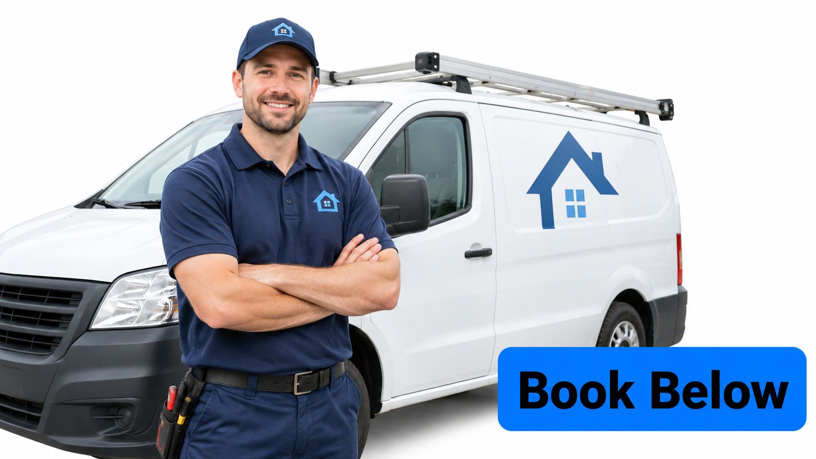 A professional maintenance technician standing in front of a service van with a blue house logo.
