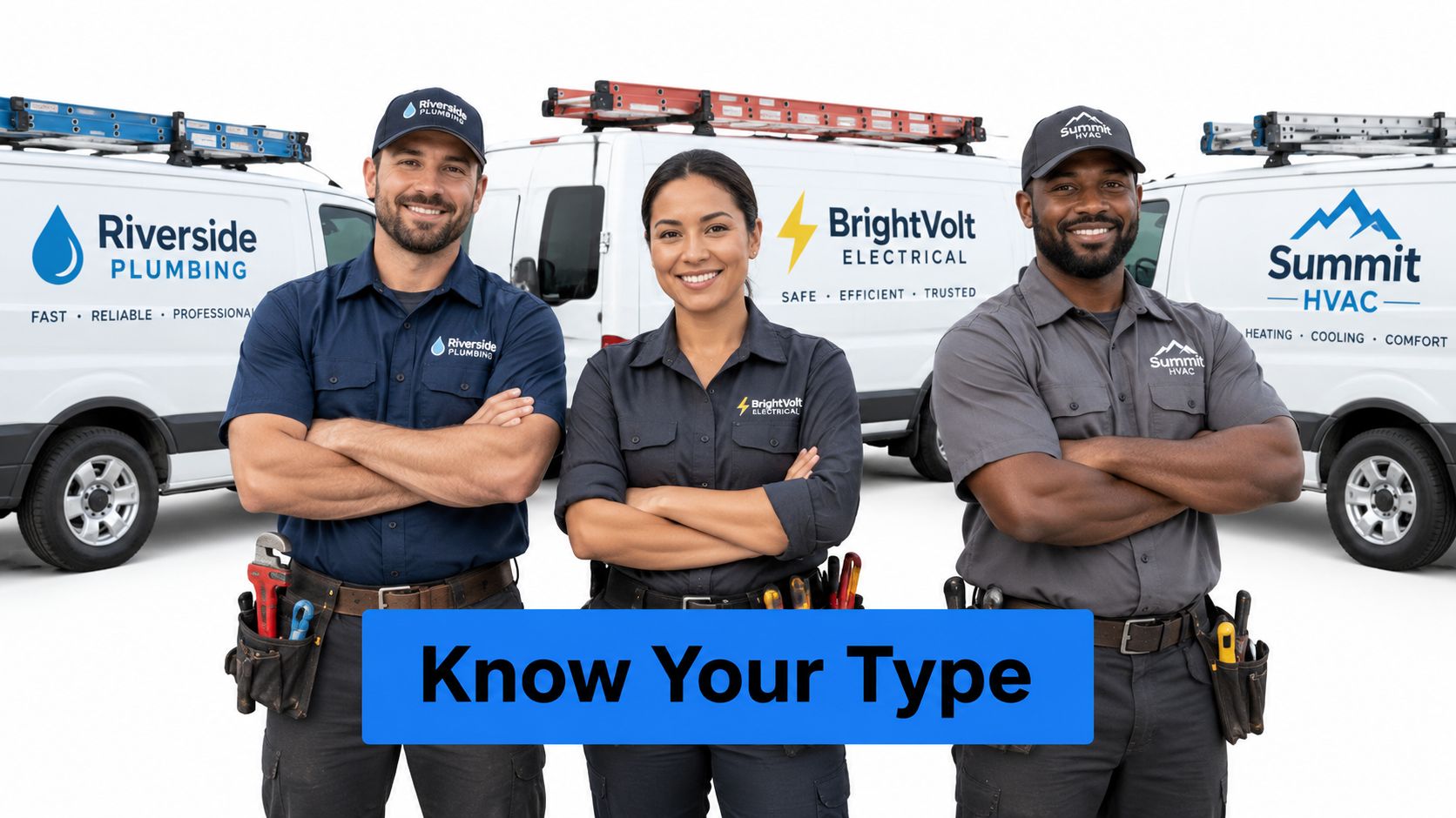 Three professionals in uniform representing plumbing, electrical, and HVAC home service companies stand before their work vans.