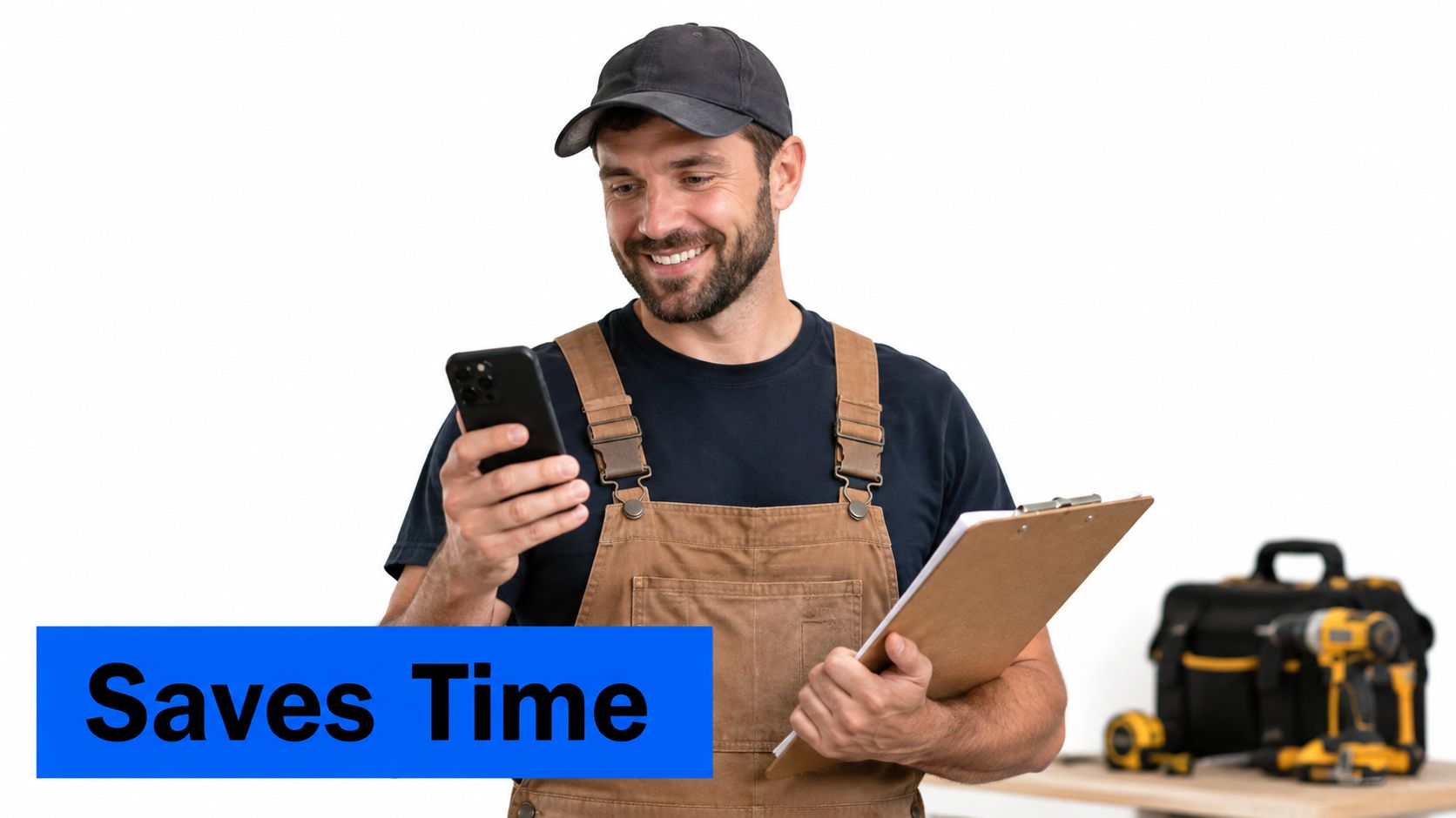 A smiling construction worker wearing brown overalls and a cap looking at his smartphone while holding a clipboard.