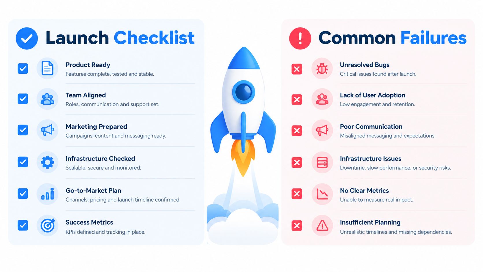 A split infographic comparing essential launch checklist items against common business failure points for product releases.