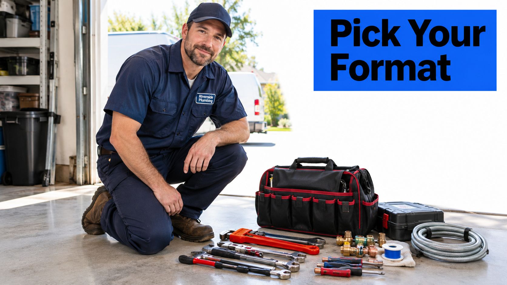 A professional plumber from Riverside Plumbing kneeling on a garage floor with his tools and equipment.