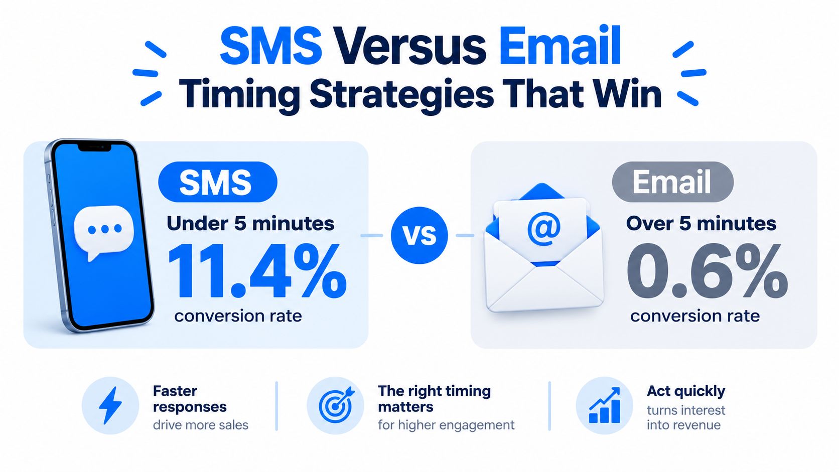 A marketing infographic comparing conversion rates of SMS versus email based on response timing strategies.
