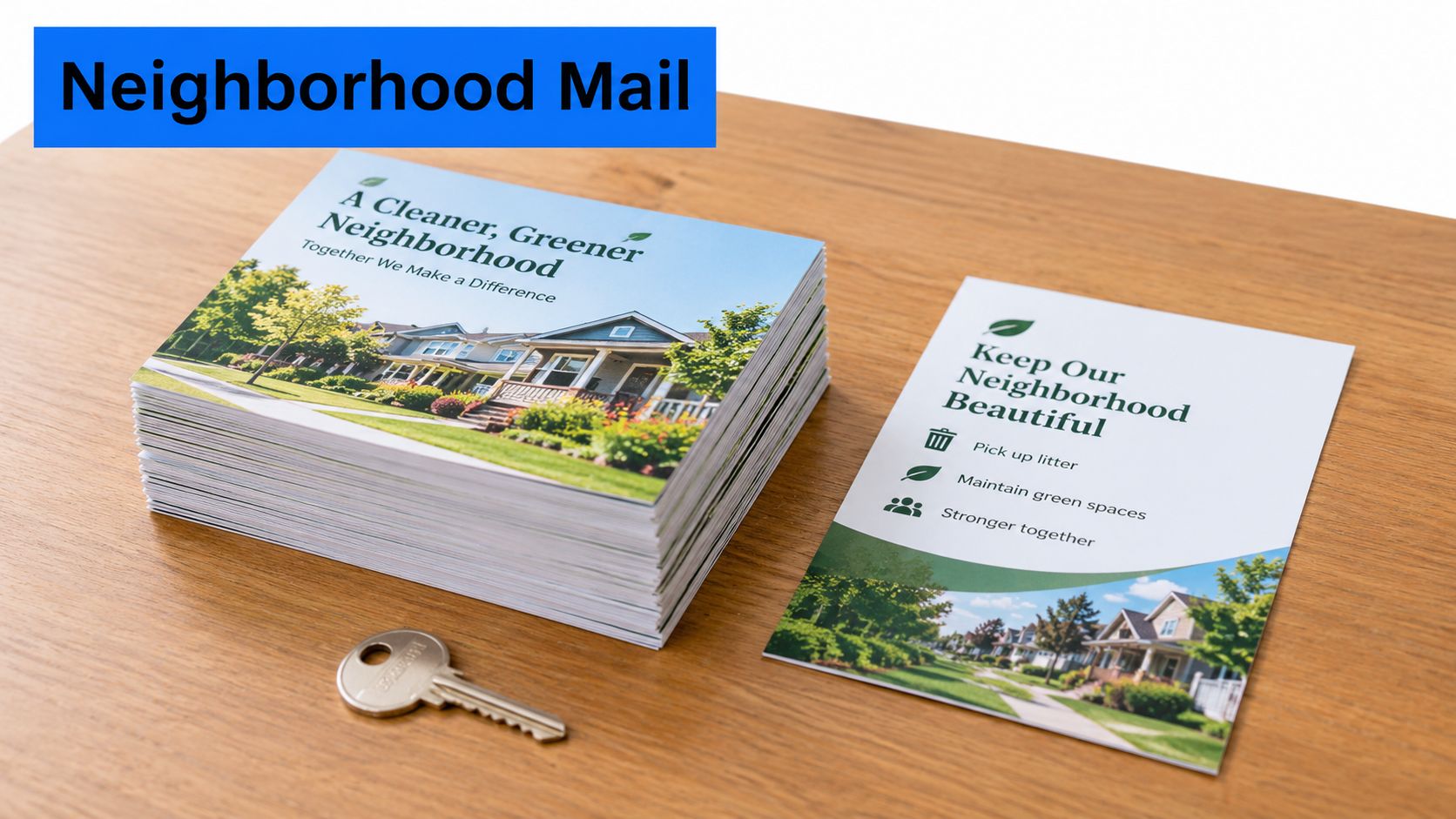 A stack of Neighborhood Mail flyers and a single card resting on a wooden surface with a key.