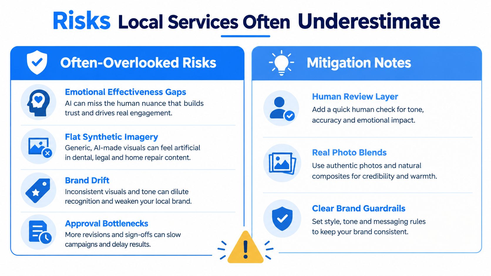 A chart comparing common risks when using AI for local services marketing and actionable mitigation strategies for businesses.