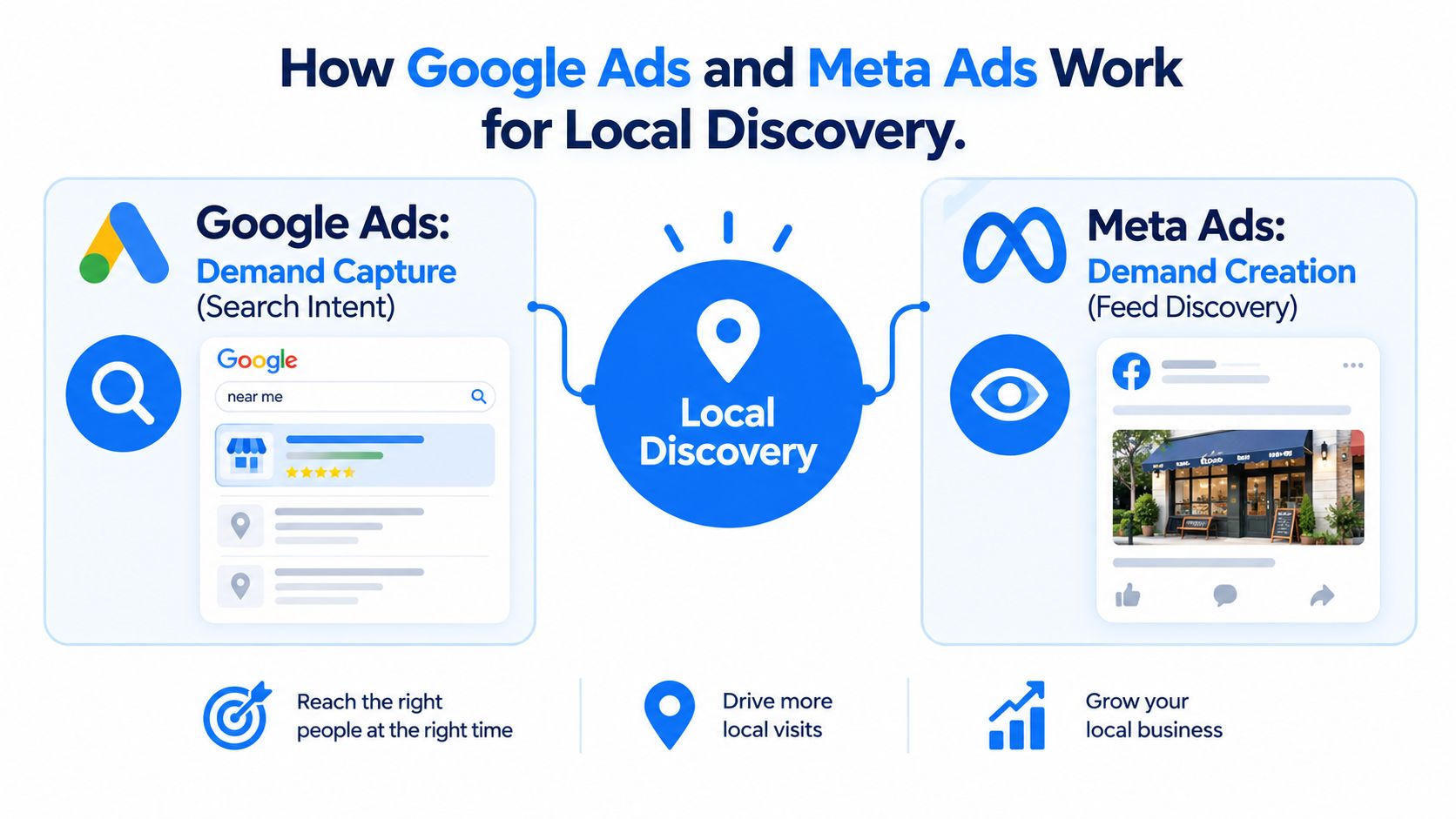 An infographic comparing how Google Ads and Meta Ads drive local business discovery through different strategies.