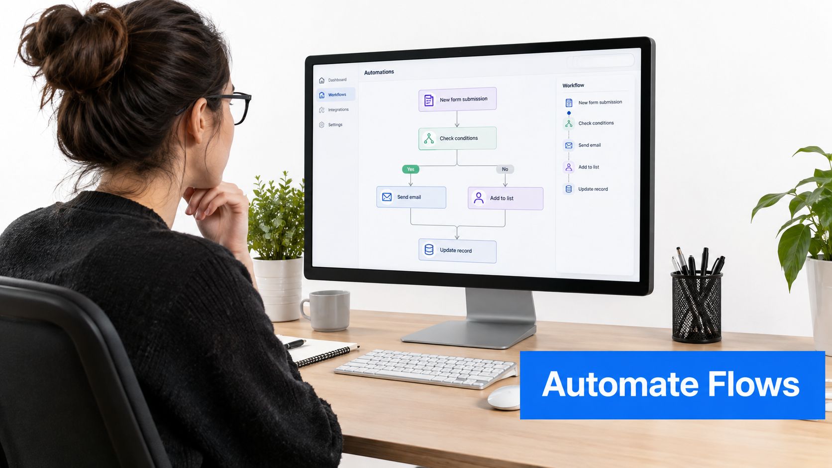 A woman working at her desk while viewing a lead nurturing automation workflow on her computer screen.
