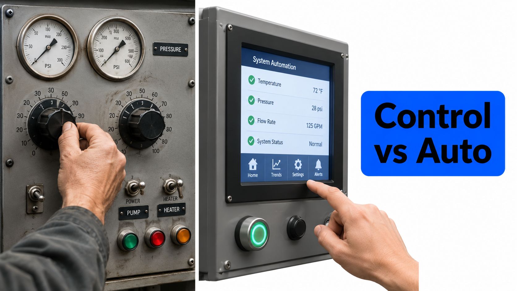 A split screen image showing manual industrial control dials and a modern digital touch screen automation system.