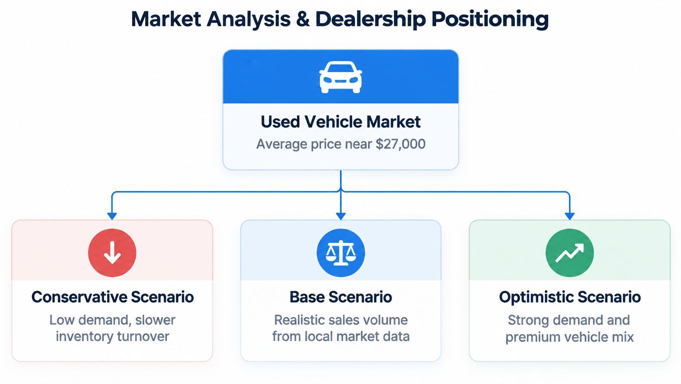 A chart showing market analysis and dealership positioning for used cars, including conservative, base, and optimistic business scenarios.