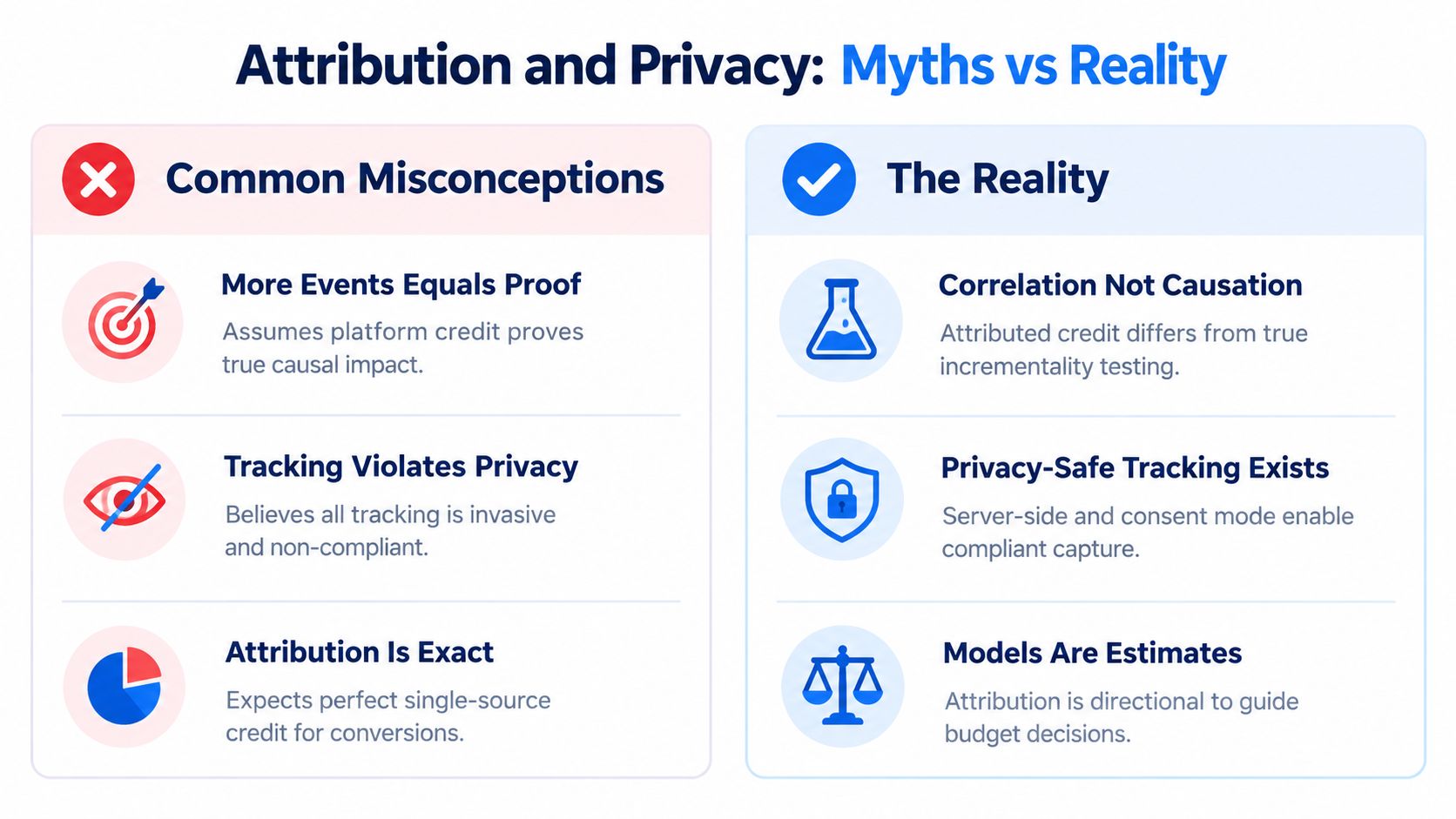 A comparison chart outlining common misconceptions versus the reality of digital marketing attribution and user privacy.