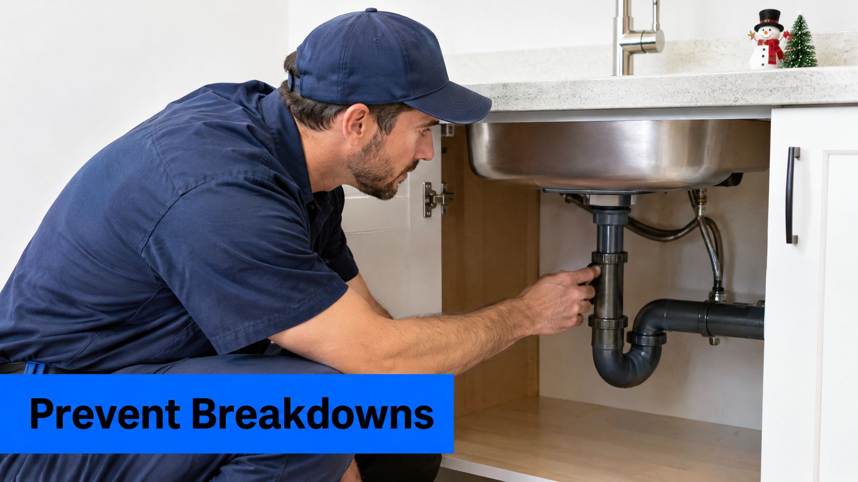 A professional plumber working on sink pipes under a counter with a small snowman decoration nearby.