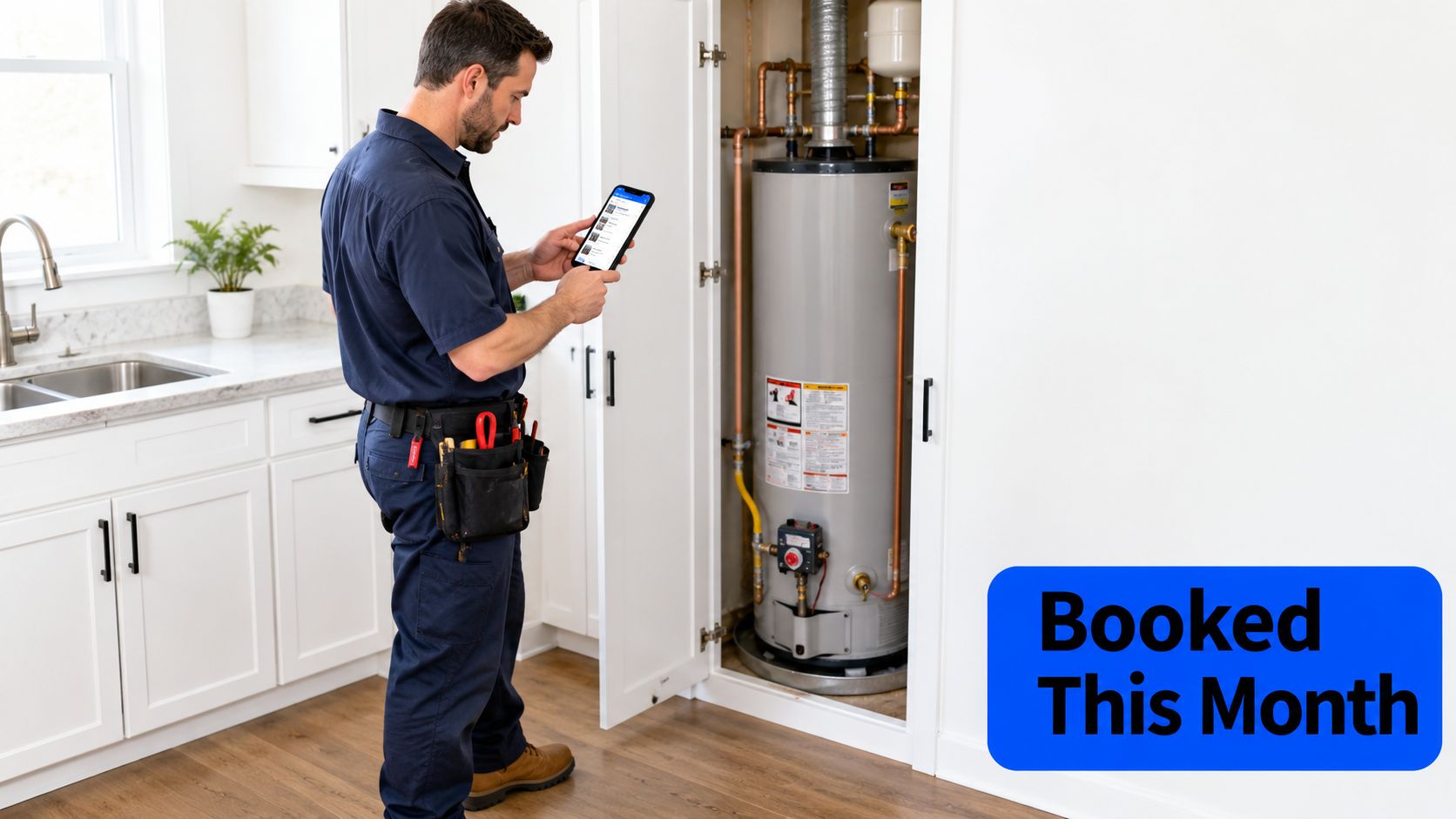 A professional plumber in uniform using a digital tablet while checking a home water heater system.